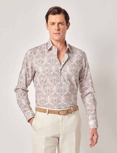 Beige & Brown Paisley Slim Curtis Shirt - Mid-Collar