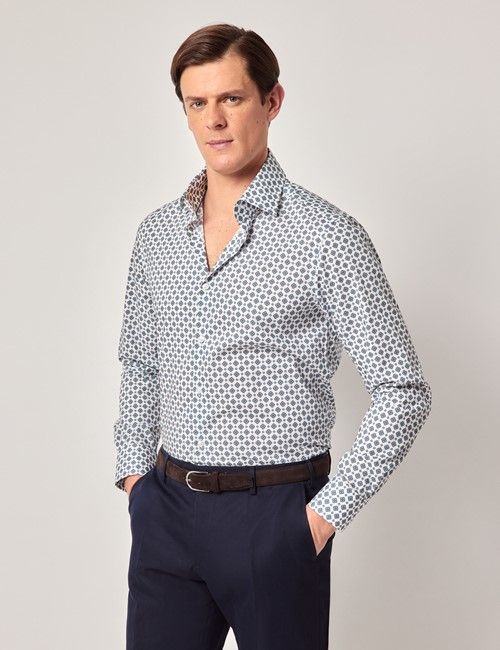 White & Navy Geometric Slim Curtis Shirt - Mid-Collar