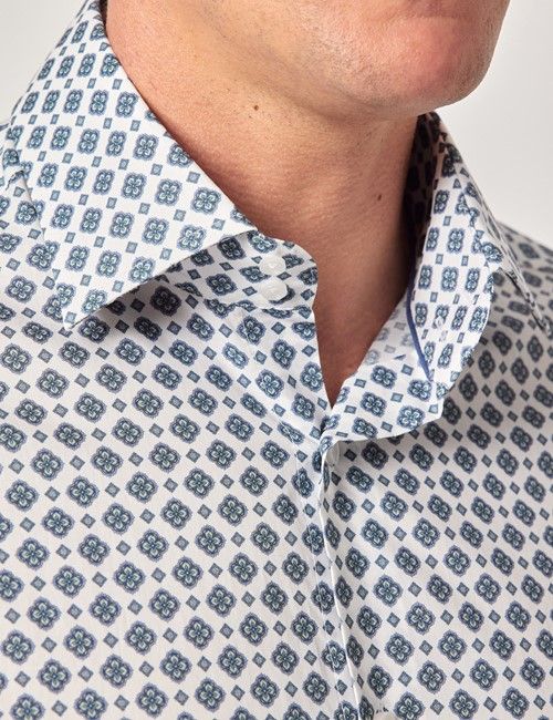 White & Navy Geometric Slim Curtis Shirt - Mid-Collar-preview