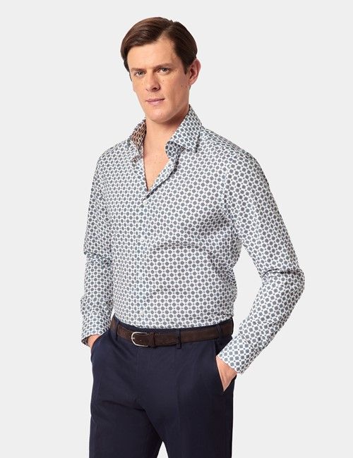 White & Navy Geometric Slim Curtis Shirt - Mid-Collar