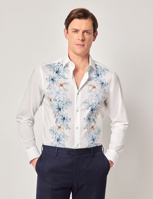 White & Blue Tropical Flowers Slim Curtis Shirt - Mid-Collar
