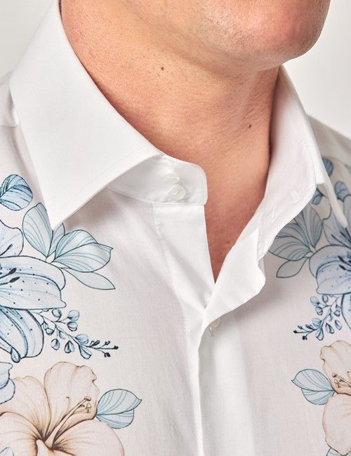 White & Blue Tropical Flowers Slim Curtis Shirt - Mid-Collar-preview