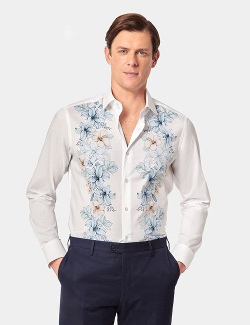 White & Blue Tropical Flowers Slim Curtis Shirt - Mid-Collar