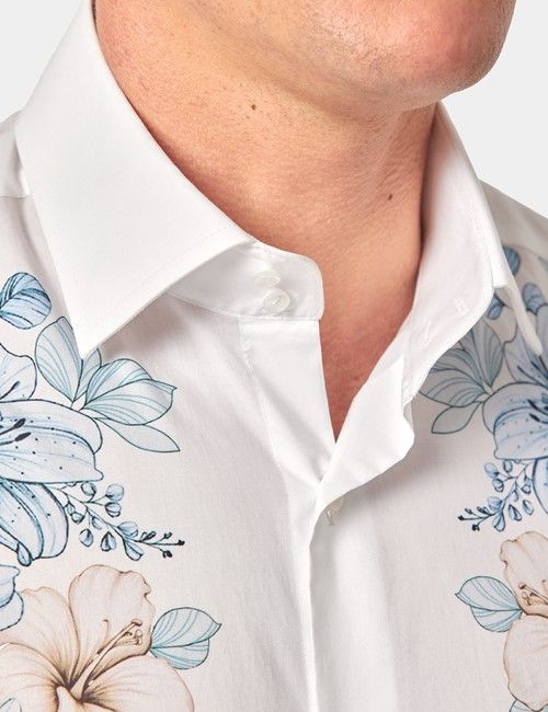 White & Blue Tropical Flowers Slim Curtis Shirt - Mid-Collar-preview