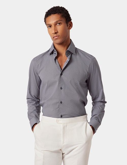 Navy & White Geometric Slim Curtis Shirt - Mid-Collar