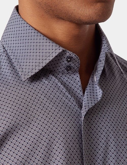 Navy & White Geometric Slim Curtis Shirt - Mid-Collar-preview