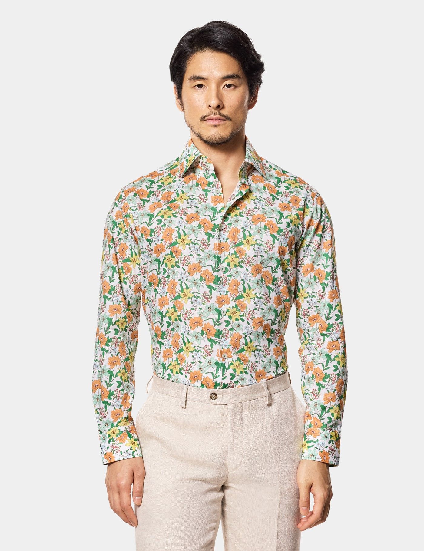 Men's Slim Fit White & Green Floral Cotton Poplin Curtis Shirt