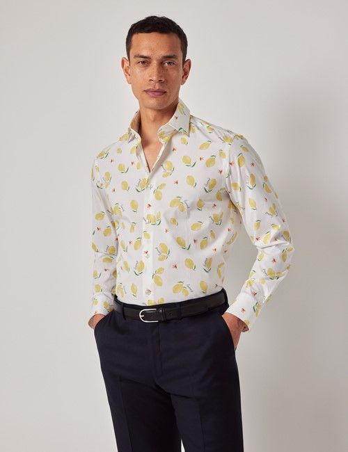 White & Yellow Sicily Lemons Slim Stretch Shirt - Mid-Collar