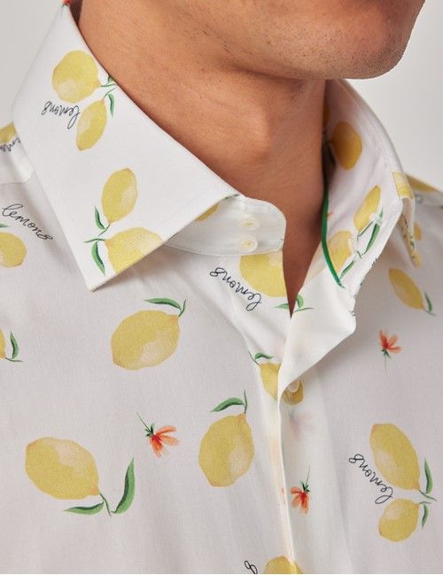 White & Yellow Sicily Lemons Slim Stretch Shirt - Mid-Collar-preview