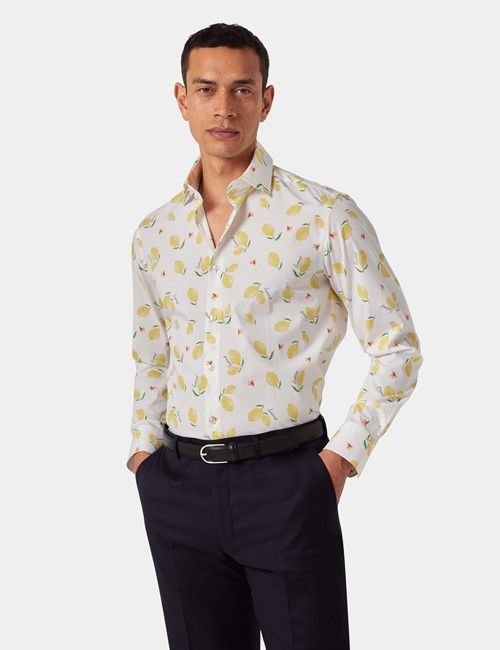 White & Yellow Sicily Lemons Slim Stretch Shirt - Mid-Collar