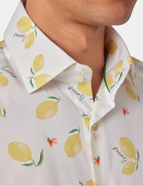 White & Yellow Sicily Lemons Slim Stretch Shirt - Mid-Collar-preview