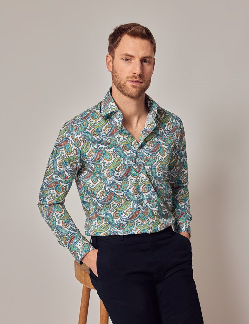 White Green Paisley Slim Diamond Weave Shirt Mid Collar