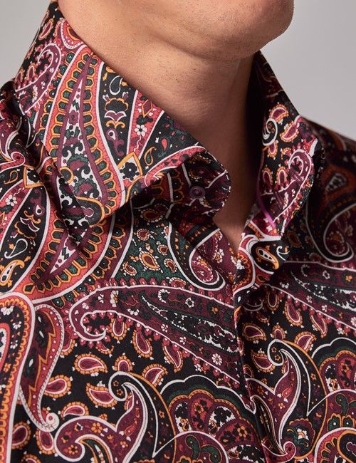 Burgundy & Green Paisley Cotton Sateen Shirt - Mid-Collar-preview