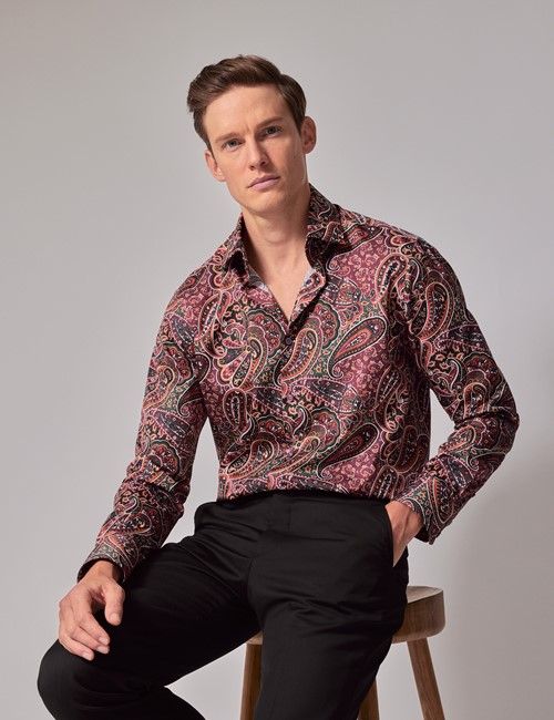 Burgundy & Green Paisley Cotton Sateen Shirt - Mid-Collar