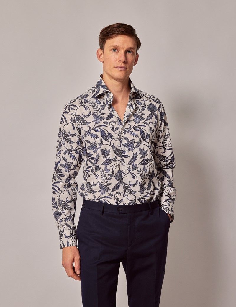 Men's White & Navy Leaf Slim Diamond Weave Shirt - Mid-Collar | Hawes ...