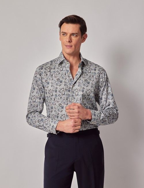 Cream & Blue Floral Diamond Weave Slim Curtis Shirt - Mid-Collar