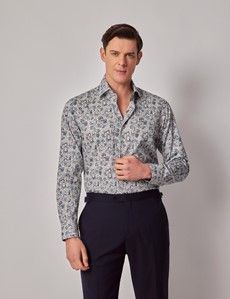 Slim Fit Cream & Blue Floral Diamond Weave Curtis Shirt