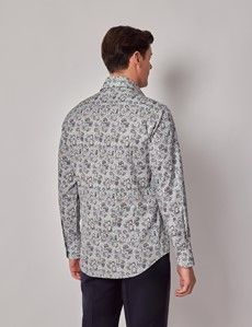 Slim Fit Cream & Blue Floral Diamond Weave Curtis Shirt