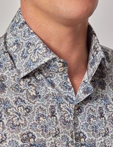 Slim Fit Cream & Blue Floral Diamond Weave Curtis Shirt