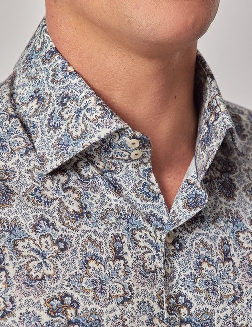 Cream & Blue Floral Diamond Weave Slim Curtis Shirt - Mid-Collar-preview