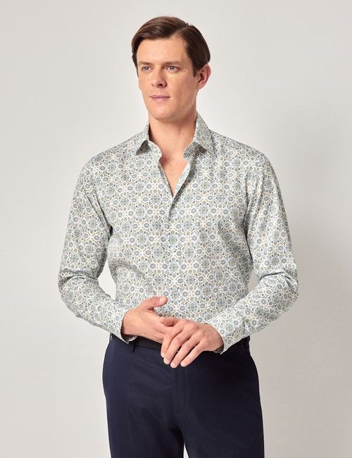 White & Green Geometric Diamond Weave Slim Curtis Shirt - Mid-Collar