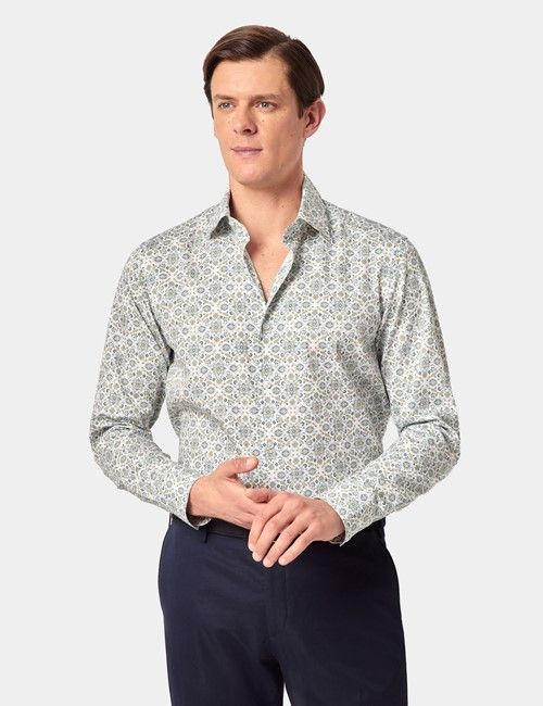 White & Green Geometric Diamond Weave Slim Curtis Shirt - Mid-Collar