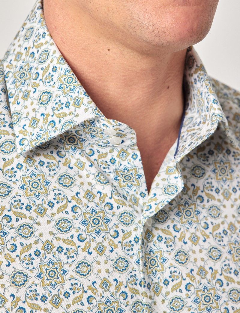 Slim Fit White & Green Geometric Diamond Weave Curtis Shirt-preview