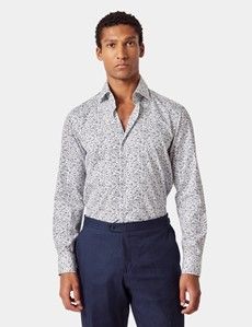 Slim Fit White & Navy Floral Diamond Weave Curtis Shirt