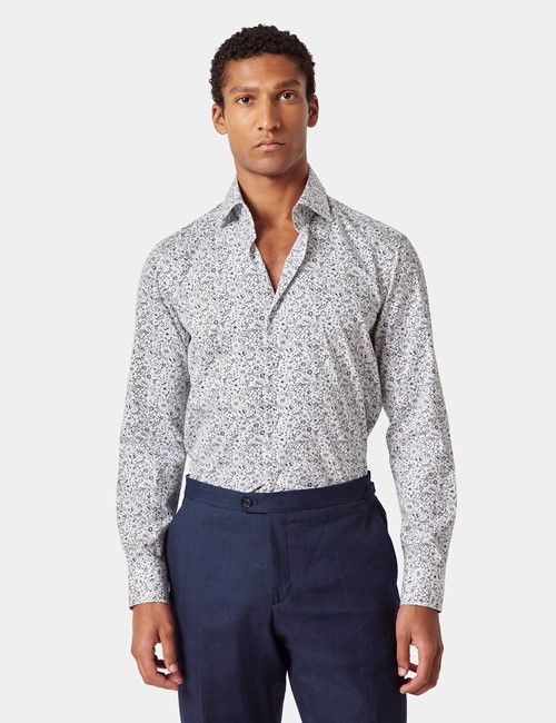 White & Navy Floral Diamond Weave Slim Curtis Shirt - Mid-Collar