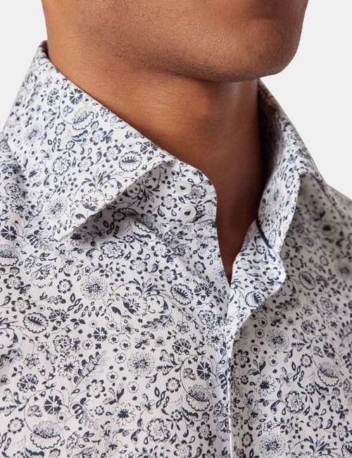 White & Navy Floral Diamond Weave Slim Curtis Shirt - Mid-Collar-preview