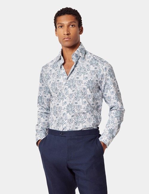 White & Blue Paisley Diamond Weave Slim Curtis Shirt - Mid-Collar