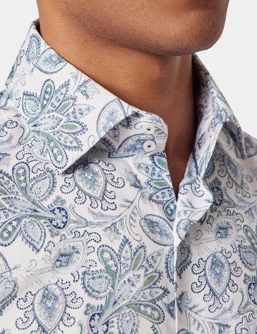 White & Blue Paisley Diamond Weave Slim Curtis Shirt - Mid-Collar-preview
