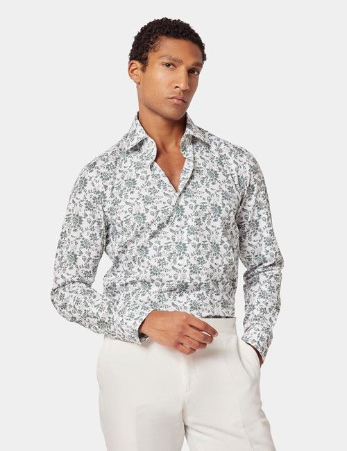 White & Green Floral Diamond Weave Slim Curtis Shirt - Mid-Collar
