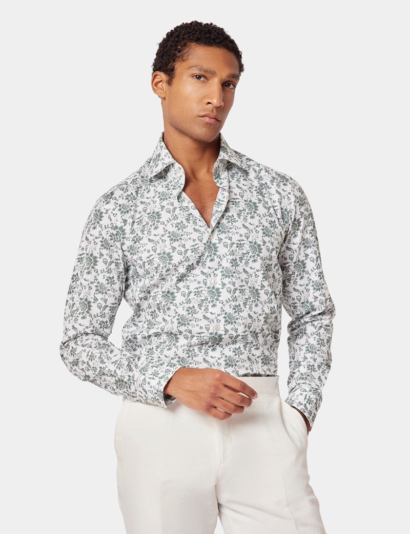 Slim Fit White & Green Floral Diamond Weave Curtis Shirt