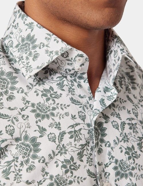 White & Green Floral Diamond Weave Slim Curtis Shirt - Mid-Collar-preview