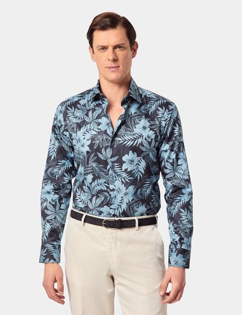 Navy & Blue Tropical Cotton Sateen Slim Curtis Shirt - Mid-Collar