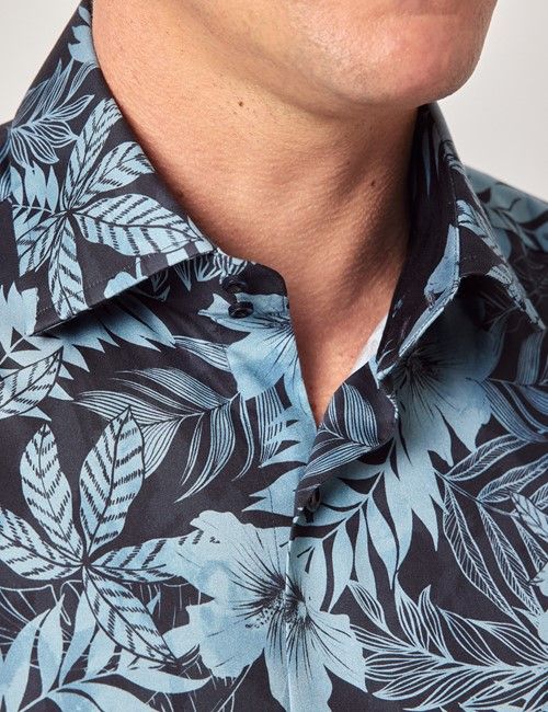Navy & Blue Tropical Cotton Sateen Slim Curtis Shirt - Mid-Collar-preview