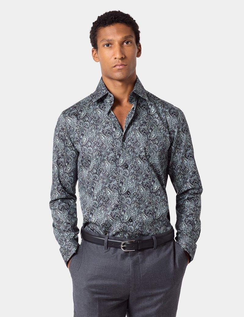 Slim Fit Black & Light Blue Paisley Curtis Shirt