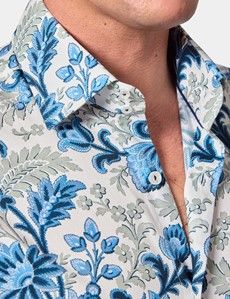 Slim Fit White & Blue Floral Diamond Weave Curtis Shirt