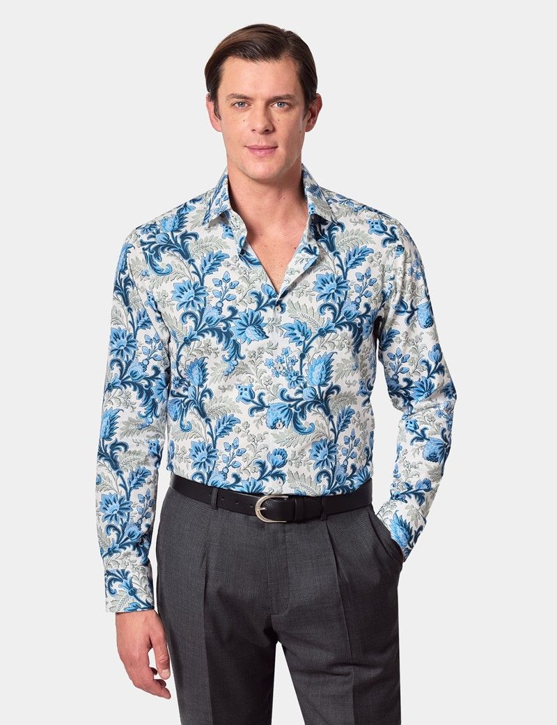Slim Fit White & Blue Floral Diamond Weave Curtis Shirt