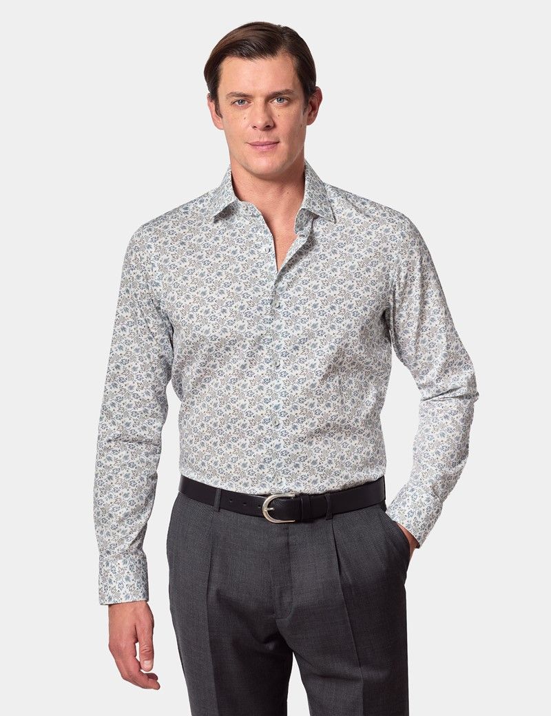 Slim Fit White & Blue Floral Diamond Weave Curtis Shirt