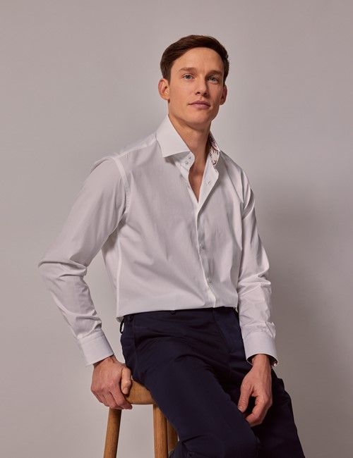 White Slim Shirt - Contrast Detail - Mid-Collar