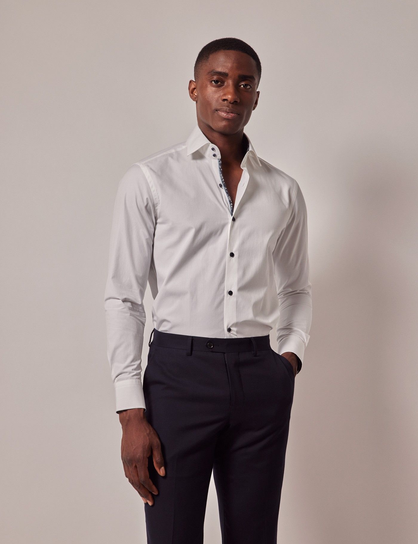 Men's White Slim Shirt - Contrast Detail - Mid-Collar | Hawes & Curtis