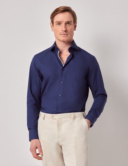 Navy Slim Curtis Shirt - Contrast Detail - Mid-Collar