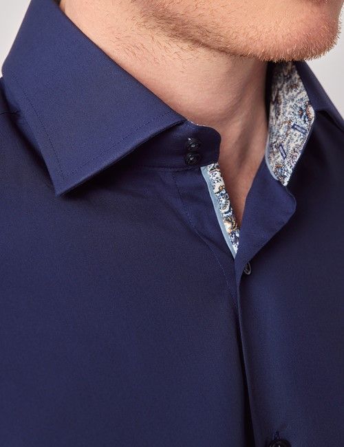 Navy Slim Curtis Shirt - Contrast Detail - Mid-Collar-preview