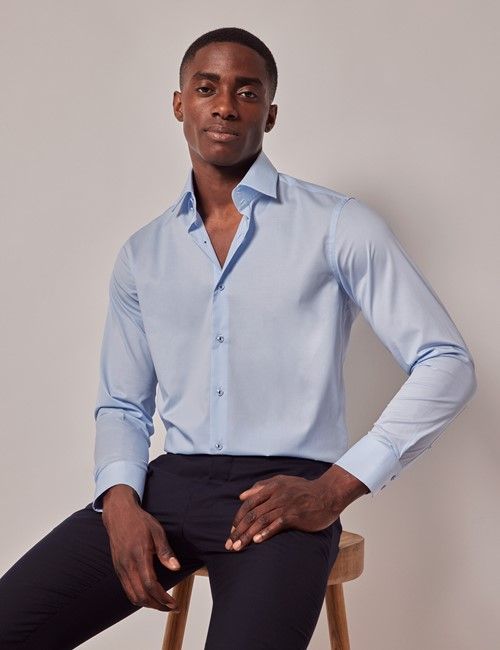 Light Blue Slim Stretch Shirt - Contrast Detail - Mid-Collar