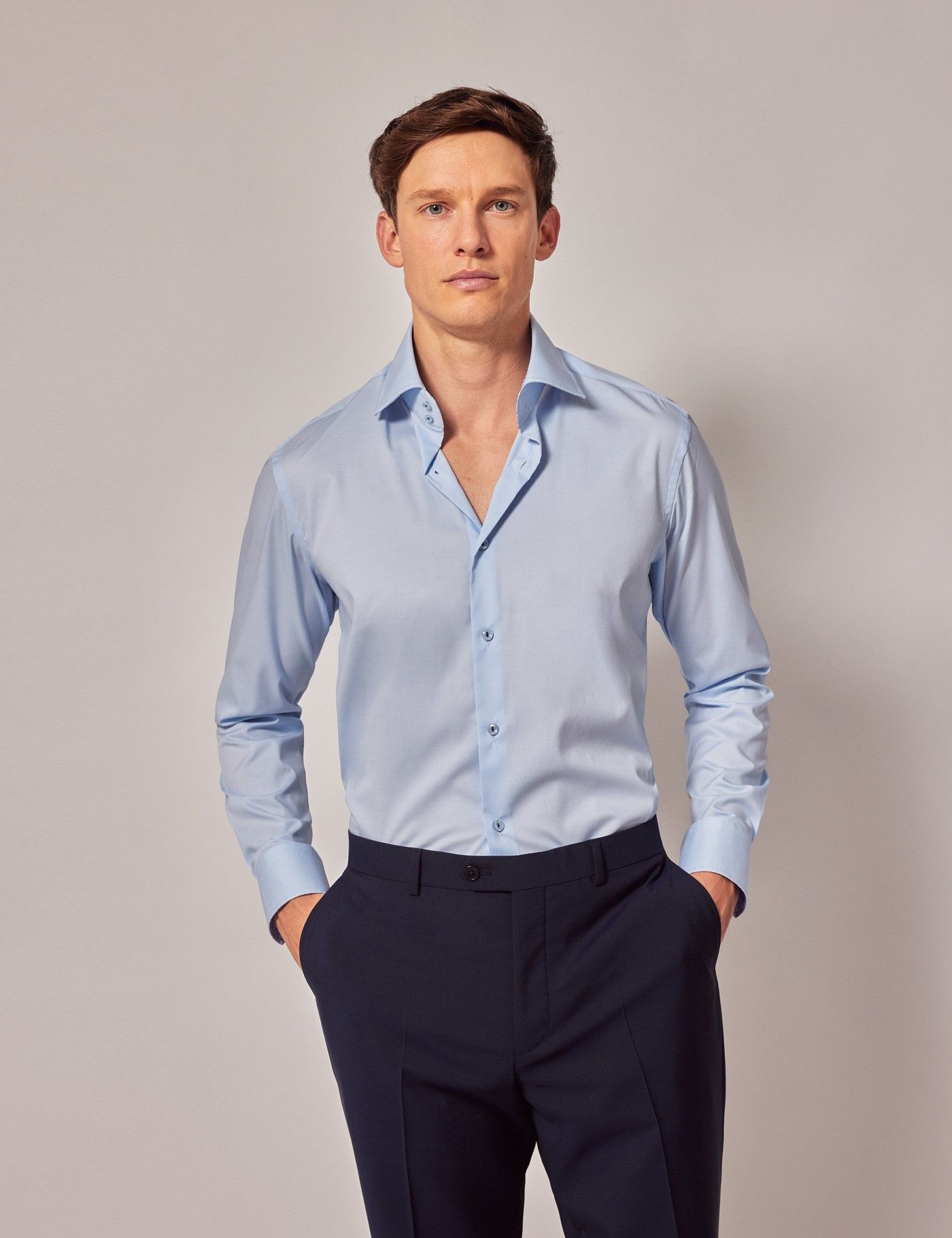 Men's Light Blue Slim Stretch Shirt - Contrast Detail - Mid-Collar ...