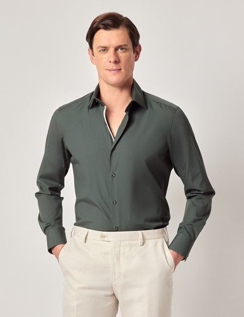 Green Slim Stretch Shirt - Contrast Detail - Mid-Collar