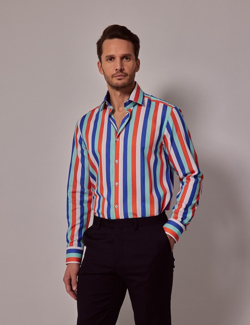 Men's White & Orange Royal Stripe Slim Shirt - Contrast Detail - Mid ...