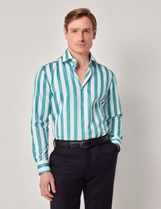 Teal & White Wide Stripe Slim Curtis Shirt - Mid-Collar